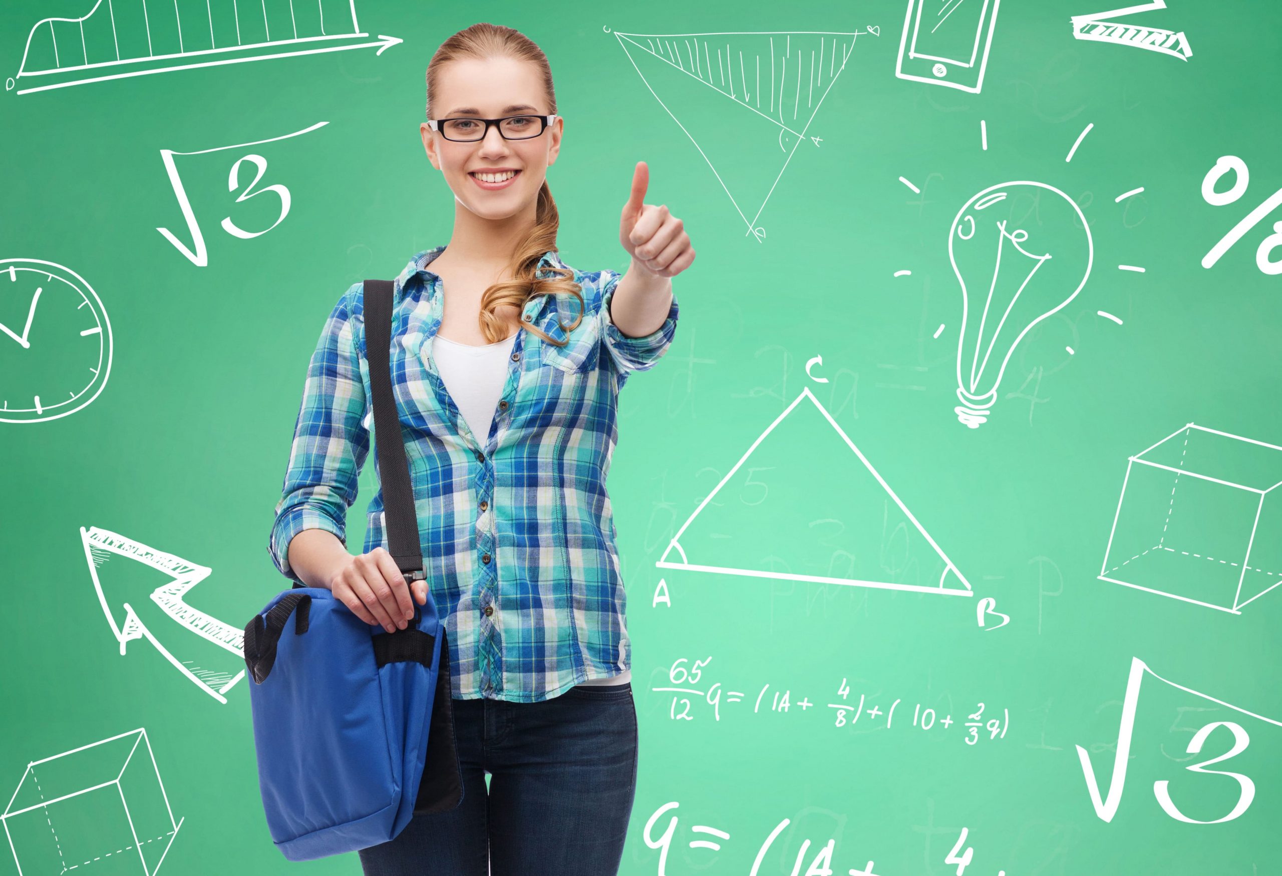 A girl in shirt with a bag showing thumbs up